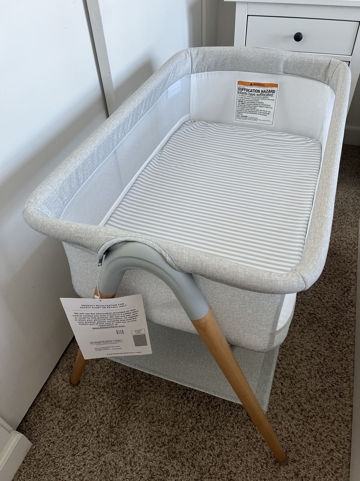 Delta Children Haven Beechwood By The Bed Bassinet With Breathable Mesh And Natural Beechwood Legs, Grey Stripe