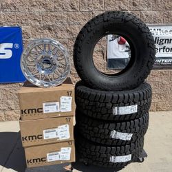17x8.5 KMC KM555 Machined Wheels + 285/70R17 Mickey Thompson Baja Boss A/T – 6x5.5 – Brand New – Kit
