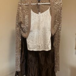Size 12 Dress/skirt, Cami, And Gold Shrug