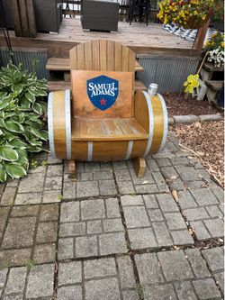Vintage Samuel Adams Wooden Barrel Chair /Cooler Combo, w/ flip up Seat, Plastic Cooler, 36w, seat 18hi, $65