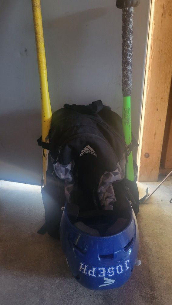 Baseball Bat, Helmet, Backpack, Batting Gloves