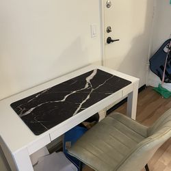 White Desk, Modern Chair, And Black Marble Large Mouse Pad Set 