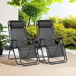 V88 $70  Zero Gravity Lounge Chair Set of 2, Adjustable Folding Mesh Outdoor Reclining Camping Chair w/Pillow & Cup Holder Trays for Lawn Patio Pool B