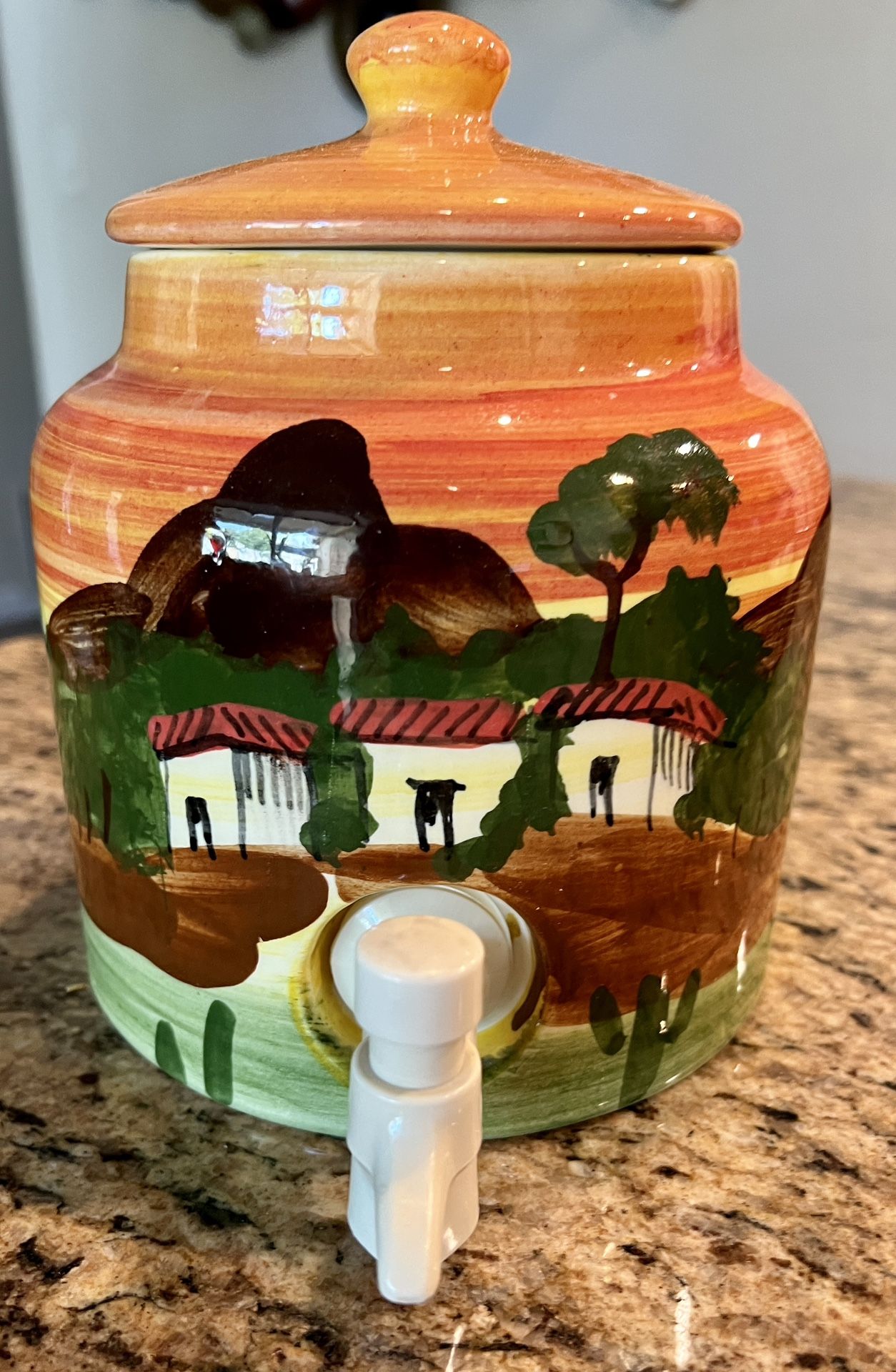 VTG Ceramic Water Beverage Crock Dispenser Hand Painted Mountains Cactus SW