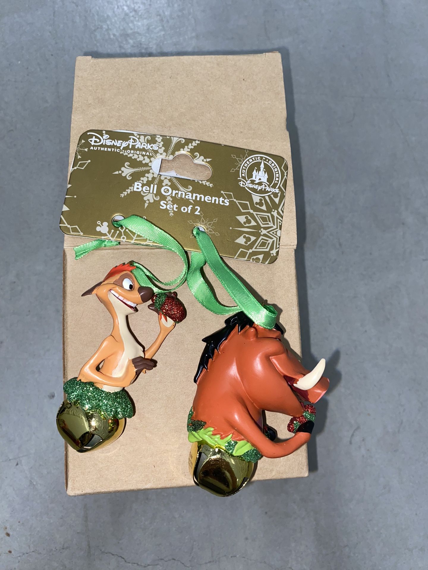 Disney Parks The Lion King Pumbaa & Timon Christmas Bell Ornaments. 2 Piece Set. New With Tags.