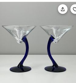 Set of 2 Libbey Bravura beautiful Cobalt Blue Martini 🍸 🍸 Glasses Curved Modern Stems Spectacular Vintage set for the holidays or party 🎊 🎈 🎉 ot 
