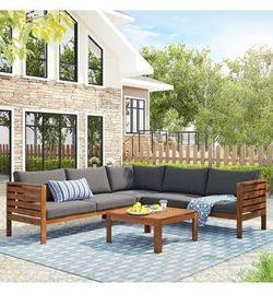 Assembled New  Acacia Wood 4 Piece Outdoor Patio Conversation Furniture Set Sectional Sofa Set
