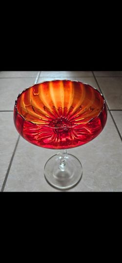 Gorgeous Tall Pedestal Red Compote Bowl Twisted Stem Glass H:11"