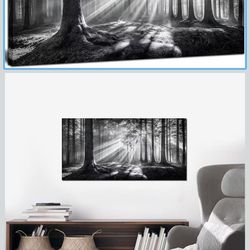 Black and White Misty Forest Wall Art for Living Room Trees Large Nature Canvas Artwork for Bedroom Office Home Decor Ready to Hang 20"x40"