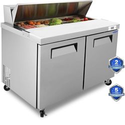 48" Commercial Sandwich Prep Table Refrigerator - 2 Door Stainless Steel Fright, 14 Cu.Ft Capacity, Low Noise, Adjustable Shelves, Auto Defrost, Digit