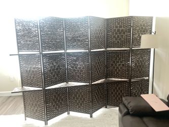 6 Panel Folding Room Divider – Wooden Portable Partition with Removable Shelves