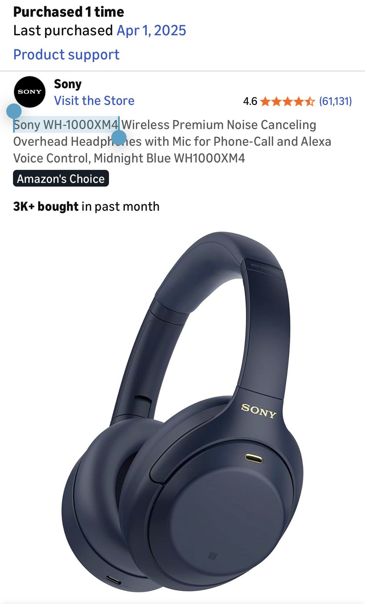 Sony WH-1000XM4 Wireless Premium Noise Canceling Overhead Headphones