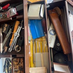 Box Full of Antique Pens Writing Slide Rules Etc