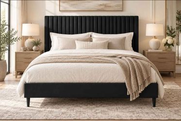 Queen Bed Frame, Velvet Upholstered Platform Bed with Adjustable Vertical Channel Tufted Headboard, Mattress Foundation with Strong Wooden Slats, Box
