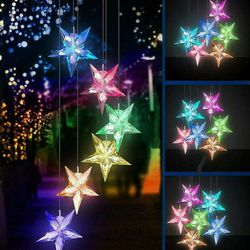 Color Changing Solar Power Wind Chime Blue Star LED Wind Chime Wind Mobile Portable Waterproof Outdoor Decorative Romantic Wind Bell 