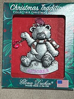 Gloria Duchin Ornament October Bear Birthstone Pewter Pink Stone October
