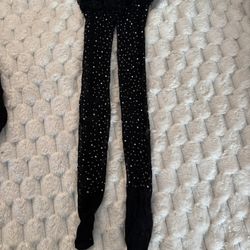 Woman’s Rhinestone Black Lace Net Thigh High Stockings 