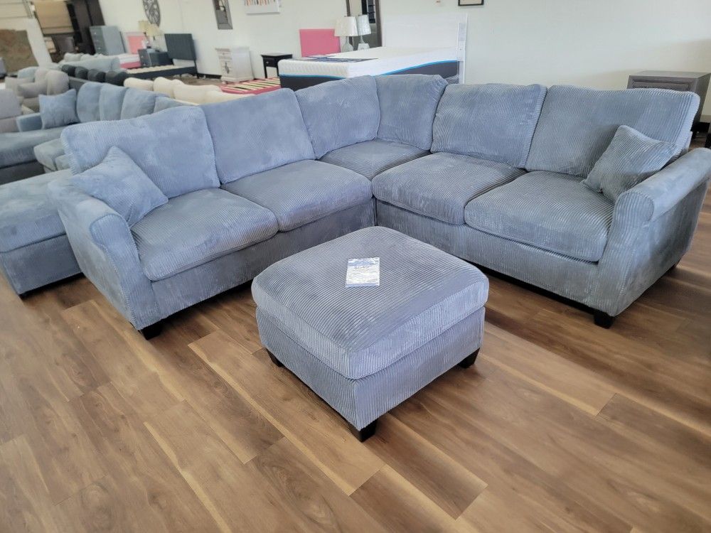 New 3pc Sectional And Ottoman In Dark grey Corduroy 