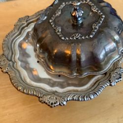 Rare 1800s Silver Plate Butter Dish, Bowl & Teapot
