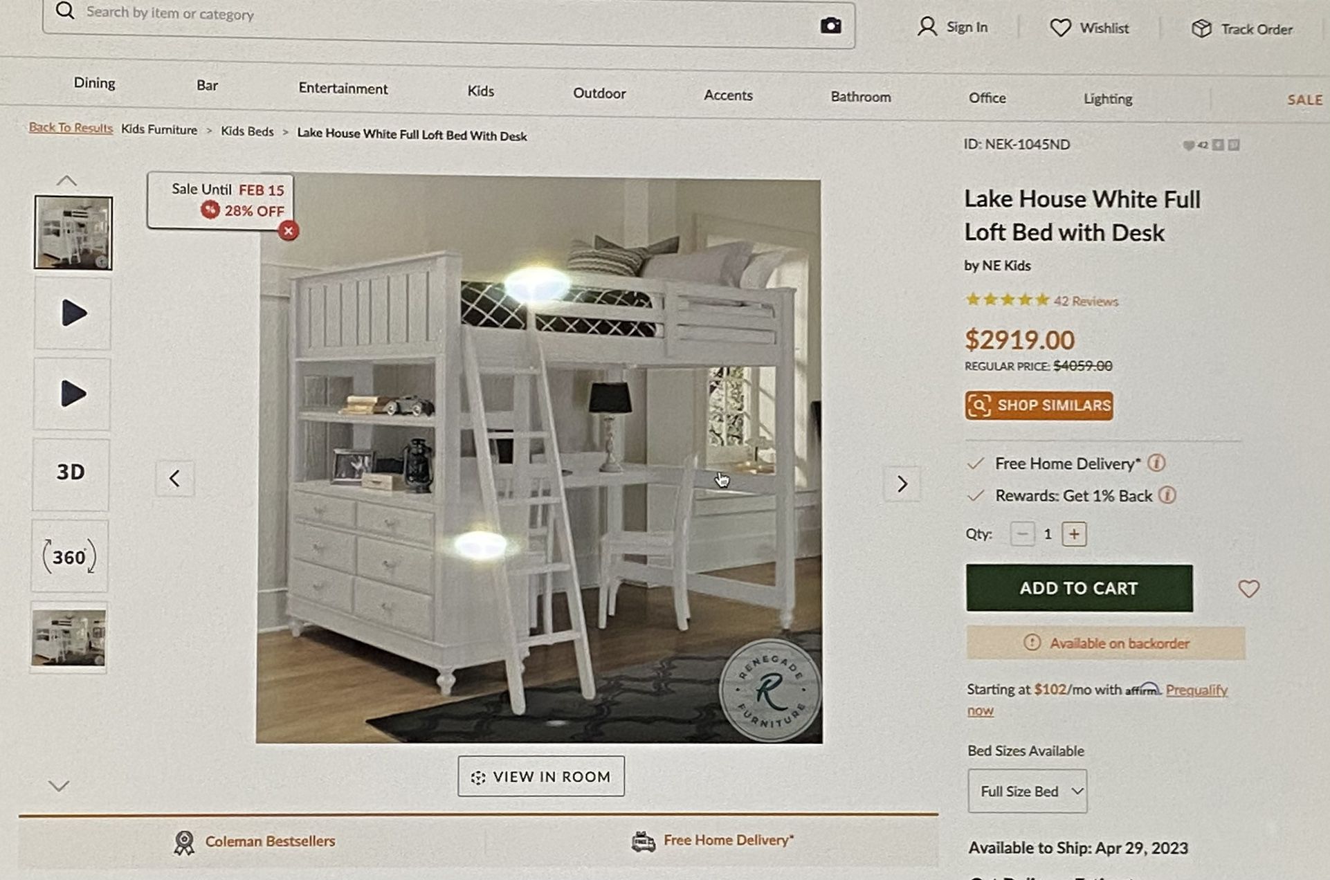 White Full Loft Bed With Desk & Dresser & Hanging Night Stand