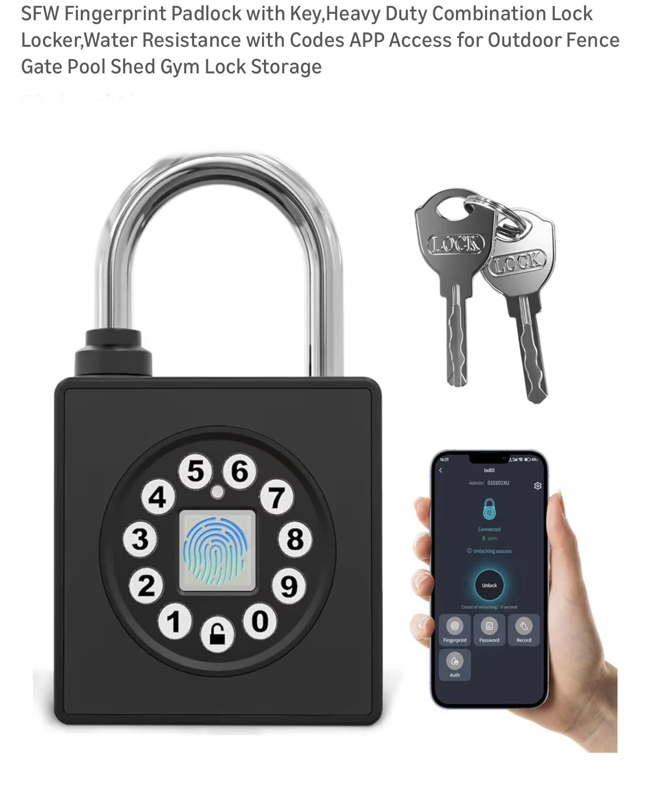 Fingerprint Padlock with Key,Heavy Duty Combination Lock Locker,Water Resistance with Codes APP Access for Outdoor Fence Gate Pool Shed Gym Lock Stora