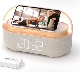 COLSUR Bluetooth Speaker Alarm Clock with Wireless Charger, FM Radio, Adjustable LED Night Light, 6 in 1 Bedroom Portable Speaker 2500mAh, Phone Stand