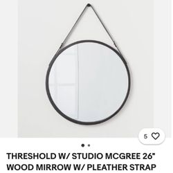 THRESHOLD W/ STUDIO MCGREE 26" WOOD MIRROW W/ PLEATHER STRAP HANGER, BLACK