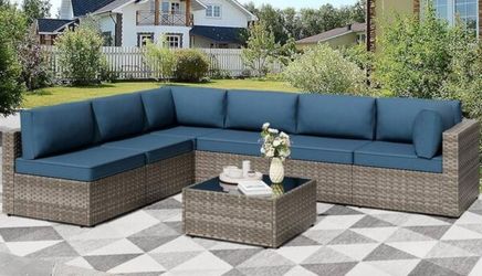 7-Piece Wicker Outdoor Sectional Sofa Set with Dark Blue