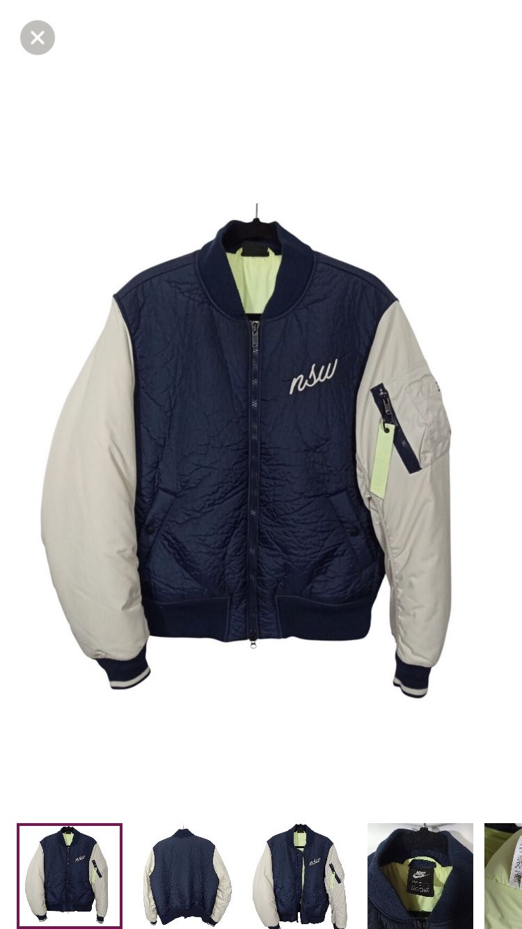 Vintage Nike Sports Wear Mens Bomber Jacket Size L Blue Tan Full Zip Down Filled