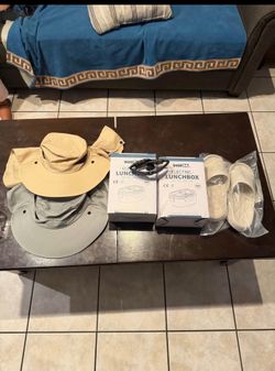 2 electric lunchbox, sunglasses with a headphone and outdoor hat and indoor slippers