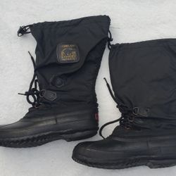 Sorel SNOWLION Snow Boots Women's 9 Winter Tall Black Rubber Fabric Drawstring