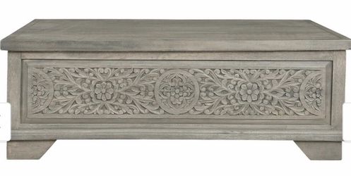 Gray Wood Coffee Table with Carved Floral Detail