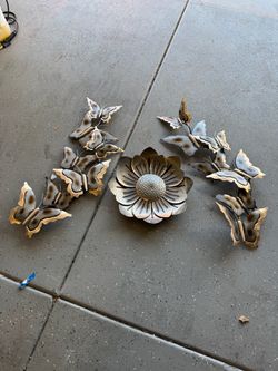 Metal Butterfly & Flower Wall Art Set 3D Gold Silver Bronze Wall Decor