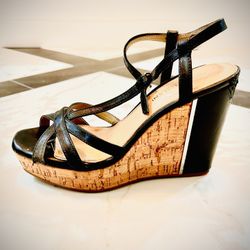 Antonio Melani Black Leather Strap Wedge Sandals Women's Size 6