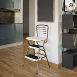 Stylaire Retro Chair + Step Stool with Flip-Up Seat (gold and cream, one pack)