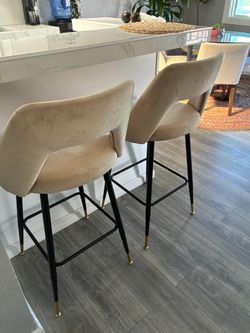 Set of 2 Velvet Bar Stools with Gold Accents