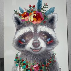 racopn with flower painting on wooden frame