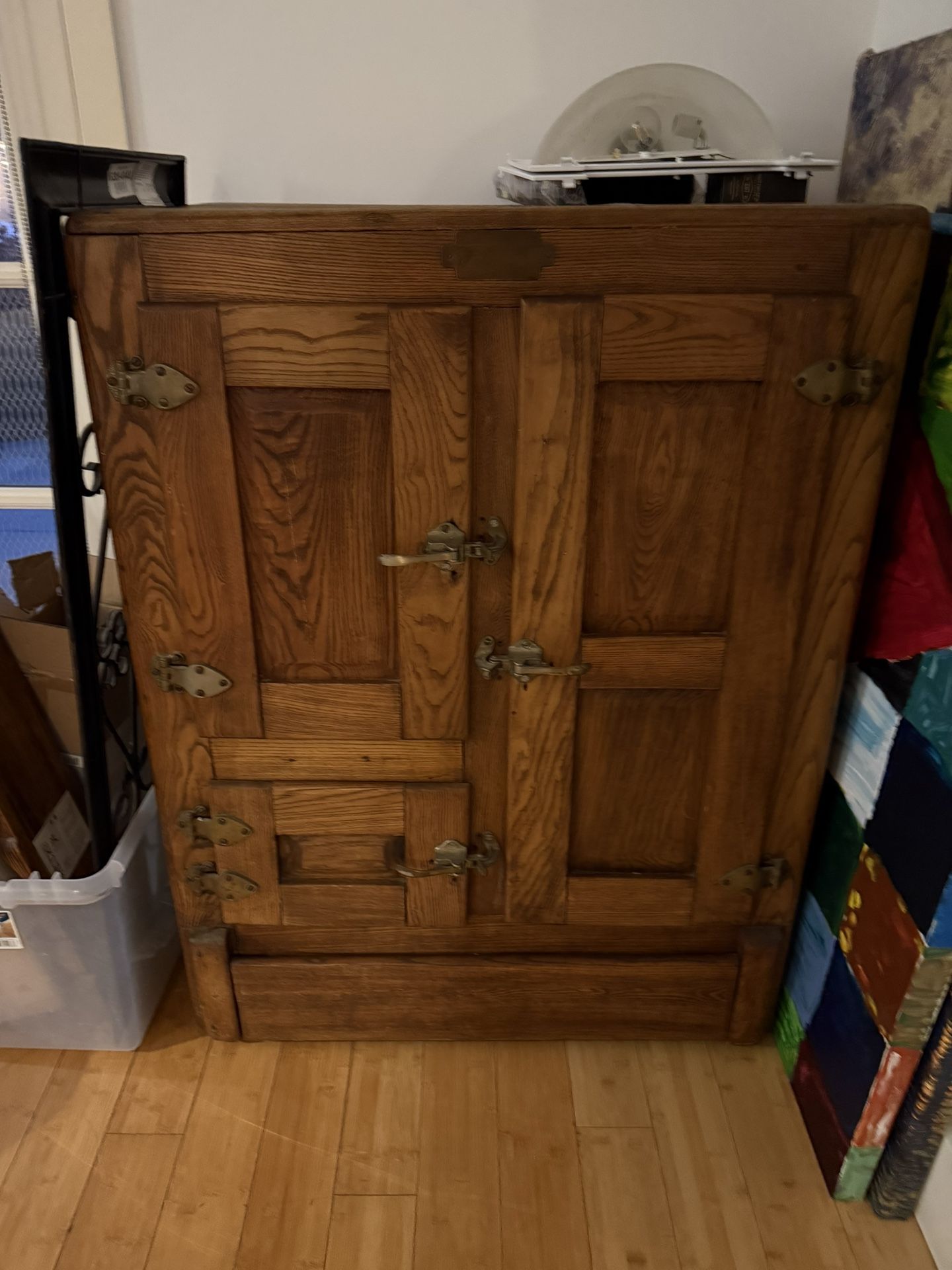 Mid 20th Century Vintage Oak Wood Refrigerator Ice Box Chest Cabinet
