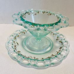Lancaster Glass Open Work Compote Soft Green 4"x 6.5" Depression Glass Set