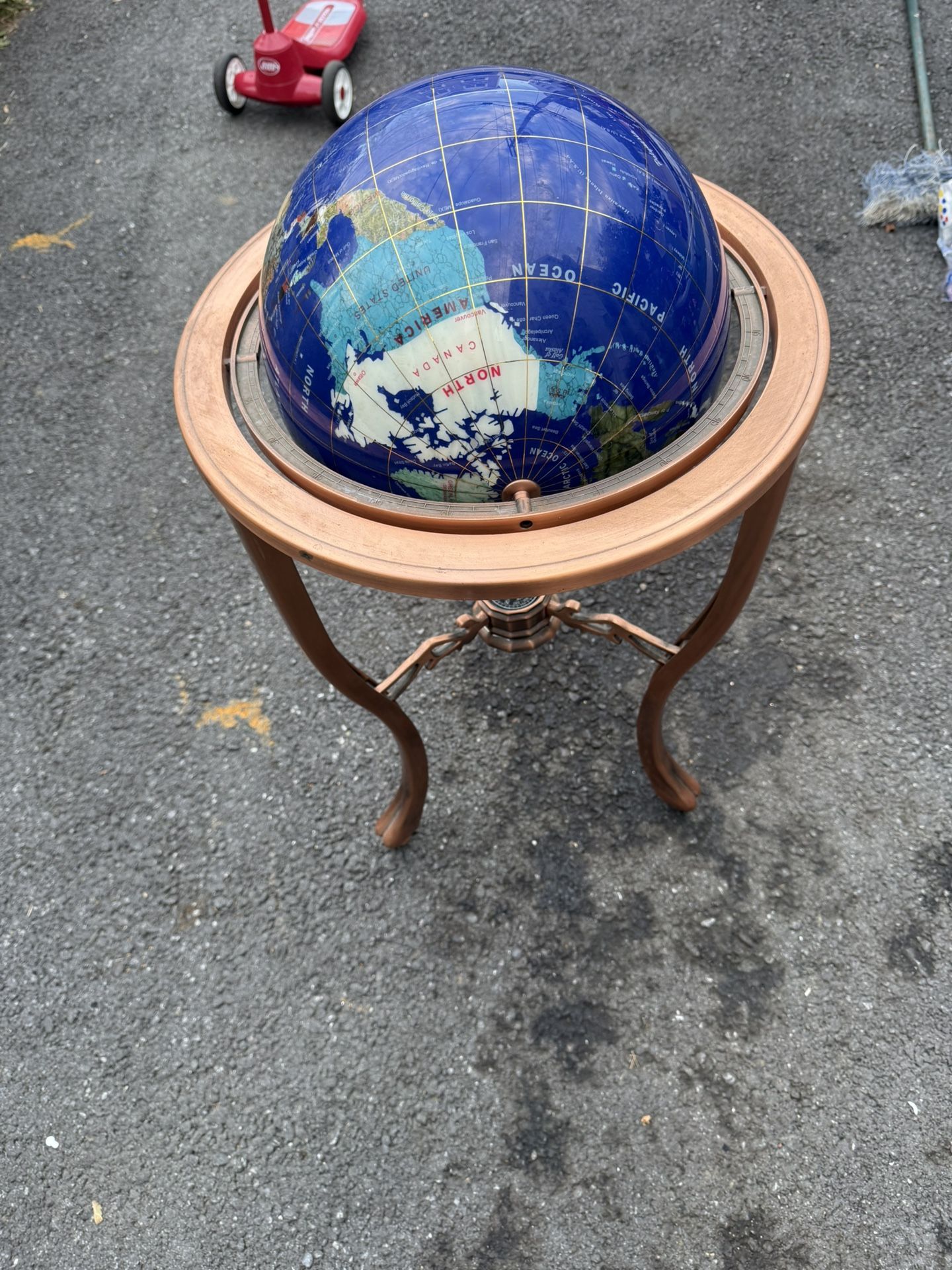 36" Gemstone World Blue Globe Stand, Semi Precious Stones, w/Compass
