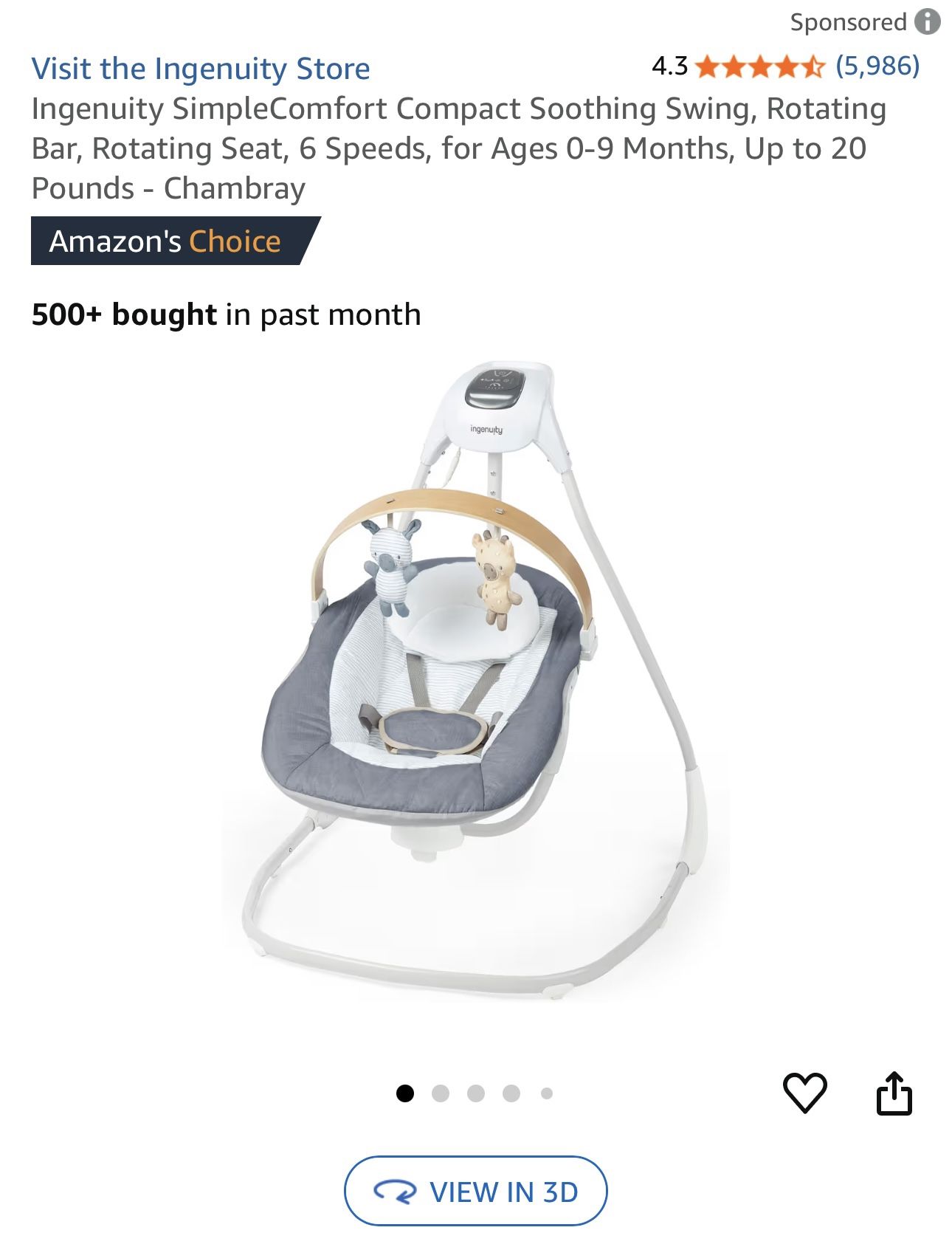 Ingenuity simple Comfort Baby Swing 0-9months