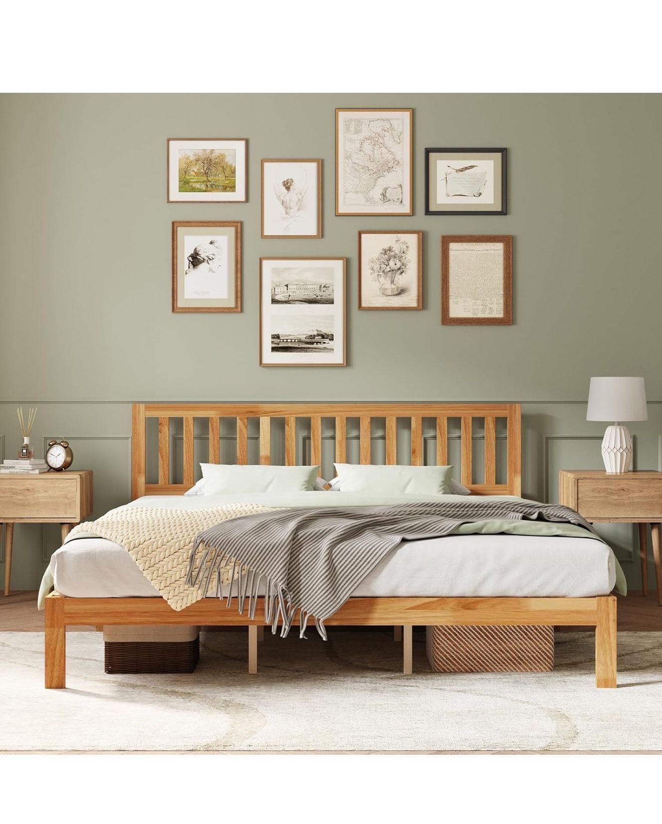12 Inch King Size Bed Frame Wooden King Bed Frame and Headboard, King-Size BedFrame with Headboard Natural Bed Foundation, No Box Spring Needed, Easy 
