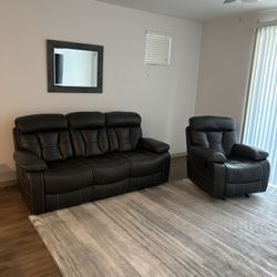 LEATHER RECLINING SOFA & CHAIR GRAY GENTLY USED 