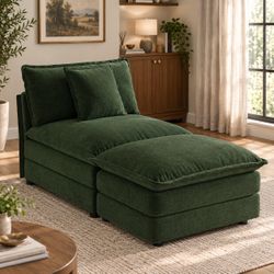 Chenille Armless 1-Seat Sectional Sofa with Ottoman, Green