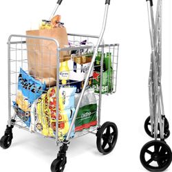 SUPENICE Grocery Utility Shopping Cart - Deluxe Folding Cart with Double