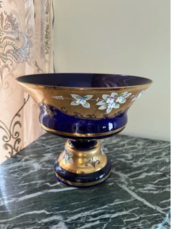 Beautiful Hand-Painted Cobalt Blue & Gold Crystal Glass Bowl / Centerpiece