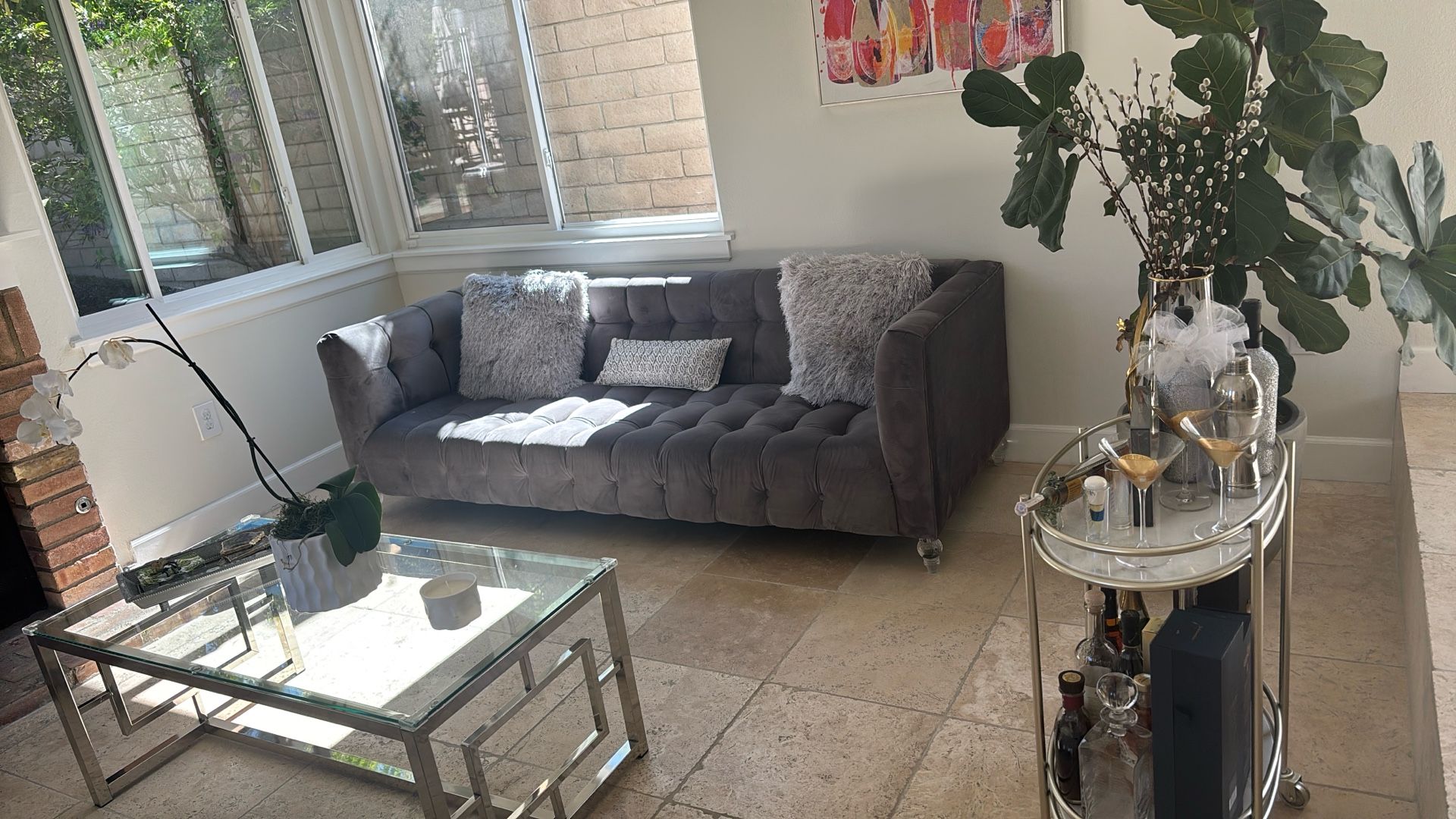 Velvet Grey Couch 88 Inch