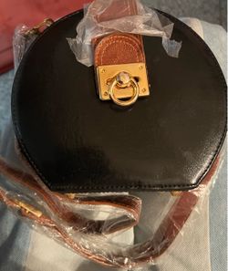 Round Leather Crossbody Bag with Gold Hardware
