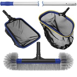 Poolvio 5-in-1 Pool Cleaning Kit - Includes Semi-Deep Skimmer Net, Aluminum Leaf Rake, 20' Pool Brush with 13ft Adjustable Pole 