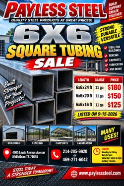 6x6x24ft square tubing only $180